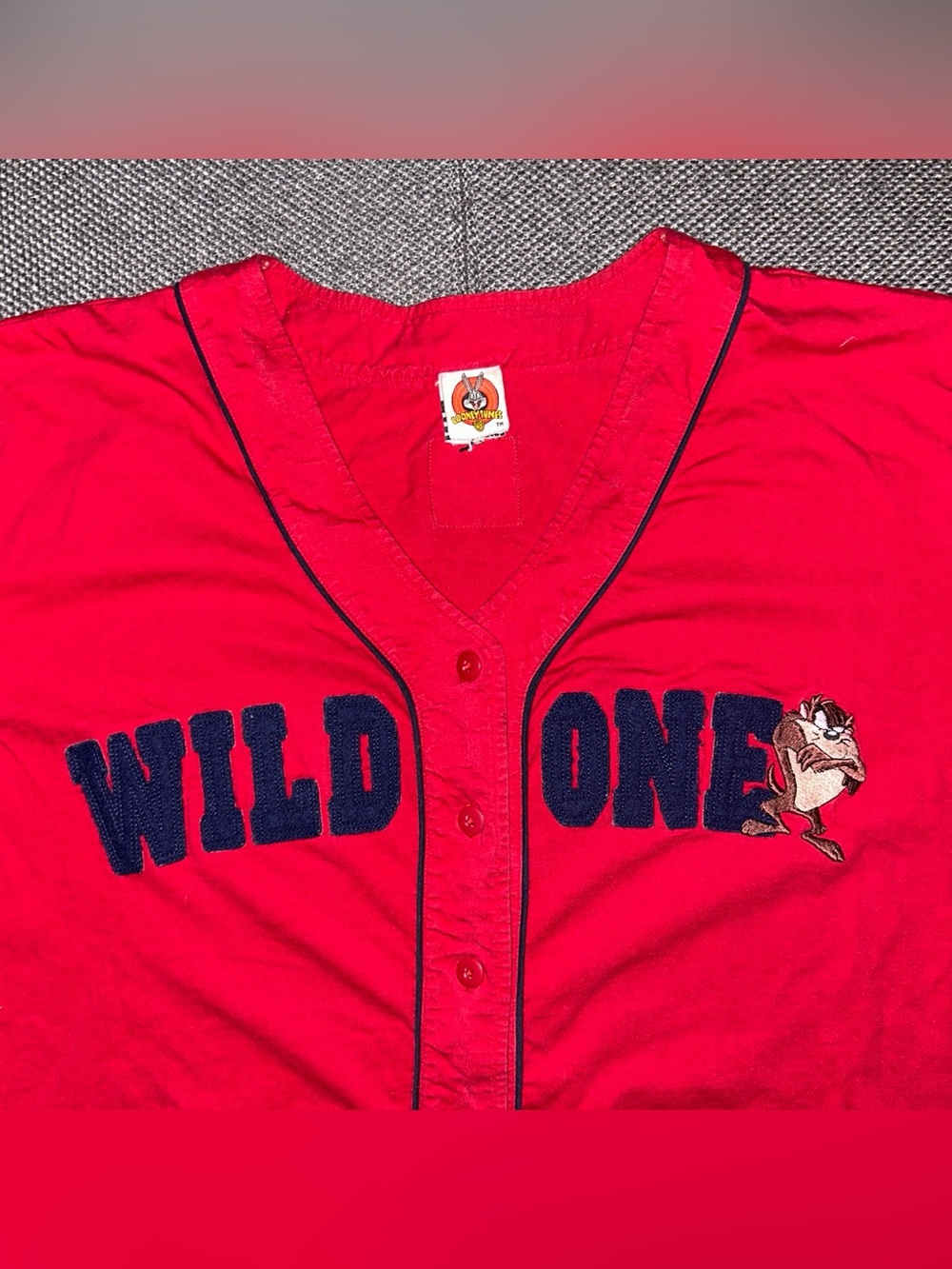 Rare 90s Warner Bros. Red Taz 'Wild One'   Button-Front Baseball Shirt